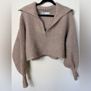 ZARA Knit Collared Chunky Cropped Sweater Beige Taupe Size M